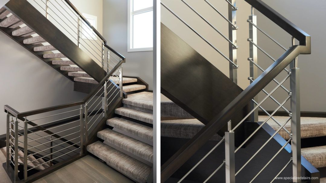 Horizontal Stainless Steel Railing on a Maple Open Rise Staircase