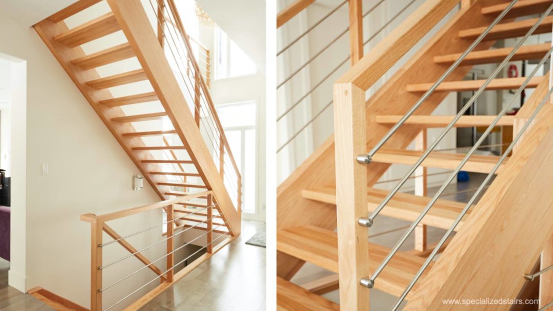 Horizontal Stainless Steel Railing on a Modern Red Oak Open Rise Staircase